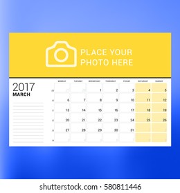 Calendar Template for March 2017. Week Starts Monday. Design Print Template. Vector Illustration Isolated on Color Background