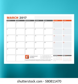 Calendar Template for March 2017. Week Starts Monday. Design Print Template. Vector Illustration Isolated on Color Background