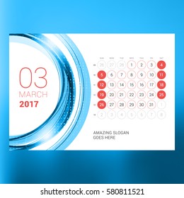 Calendar Template for March 2017. Week Starts Sunday. Design Print Template. Vector Illustration Isolated on Color Background