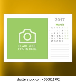 Calendar Template for March 2017. Week Starts Monday. Design Print Template. Vector Illustration Isolated on Color Background
