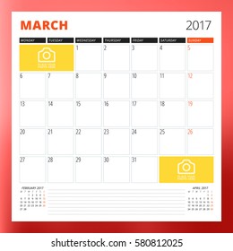 Calendar Template for March 2017. Week Starts Monday. Design Print Template. Vector Illustration Isolated on Color Background