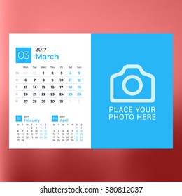 Calendar Template for March 2017. Week Starts Monday. Design Print Template. Vector Illustration Isolated on Color Background