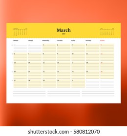 Calendar Template for March 2017. Week Starts Monday. Design Print Template. Vector Illustration Isolated on Color Background