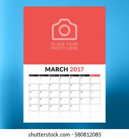 Calendar Template for March 2017. Week Starts Monday. Design Print Template. Vector Illustration Isolated on Color Background