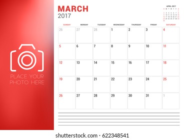Calendar Template for March 2017. Week Starts Sunday. Place for Photo. Stationery Design. Vector Illustration