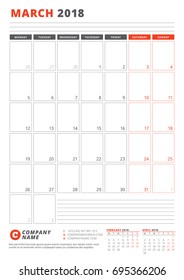 Calendar Template for March 2018. Business Planner 2018 Template. Stationery Design. Week starts on Monday. Vector Illustration