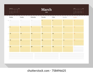 Calendar Template for March 2018. Stationery Design. Week starts on Monday. 3 Months on the Page. Vector Illustration