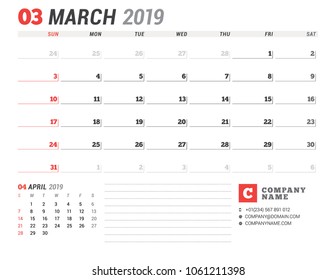 Calendar template for March 2019. Business planner. Stationery design. Week starts on Sunday. 2 Months on the page. Vector illustration