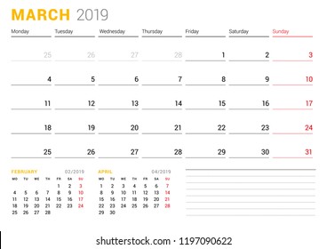 Calendar template for March 2019. Business planner. Stationery design. Week starts on Monday. 2 Months on the page. Vector illustration