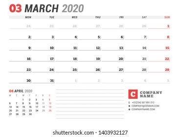 Calendar template for March 2020. Business planner. Stationery design. Week starts on Monday. 2 Months on the page. Vector illustration