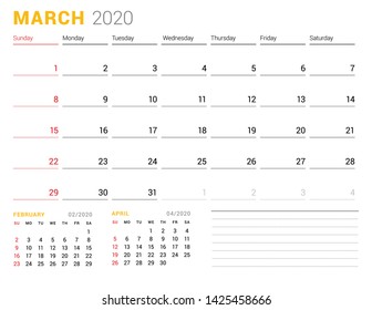 Calendar template for March 2020. Business planner. Stationery design. Week starts on Sunday. Vector illustration