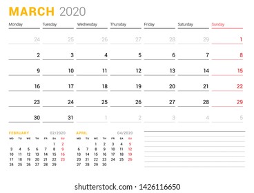Calendar template for March 2020. Business planner. Stationery design. Week starts on Monday. Vector illustration