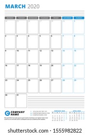 Calendar template for March 2020. Business planner. Stationery design. Week starts on Monday. Portrait orientation. Vector illustration