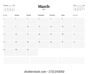 Calendar template for March 2020. Business monthly planner. Stationery design. Week starts on Sunday. Vector illustration