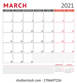 Calendar template for March 2021. Business monthly planner. Stationery design. Week starts on Monday. Vector illustration