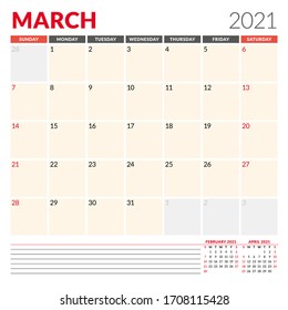 Calendar template for March 2021. Business monthly planner. Stationery design. Week starts on Sunday. Vector illustration