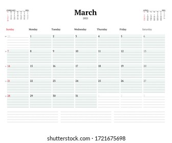 Calendar template for March 2021. Business monthly planner with dotted lines for notes. Stationery design. Week starts on Sunday. Vector illustration