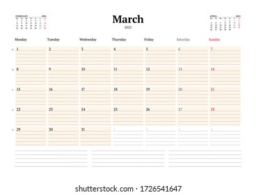 Calendar template for March 2021. Business monthly planner with dotted lines for notes. Stationery design. Week starts on Monday. Vector illustration