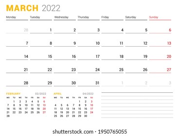 Calendar template for March 2022. Business monthly planner. Stationery design. Week starts on Monday. Vector illustration