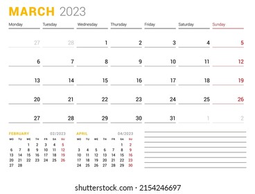Calendar template for March 2023. Business monthly planner. Stationery design. Week starts on Monday. Vector illustration