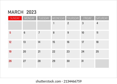 Calendar template for March 2023. Layout for March 2023. Printable monthly planner. Desk calendar design. Start of the week on Sunday.