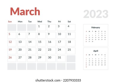 Calendar Template of march 2023. Vector layout simple calendar with week start sunday.
