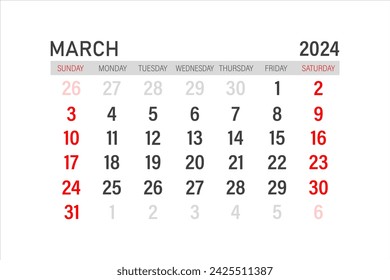 Kalendervorlage für März 2024. Layout für März 2024. Druckbarer Monatsplaner. Design des Tischkalenders. Beginn der Woche am Sonntag.