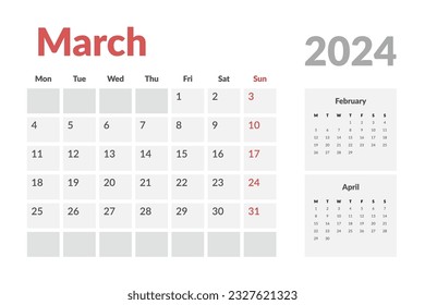 Plantilla de calendario de marzo de 2024. Calendario sencillo de diseño de vectores con semana de inicio lunes.