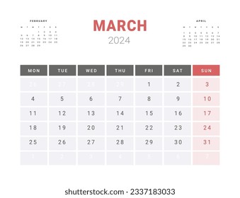 Calendar Template of march 2024. Vector layout simple calendar with week start Monday.