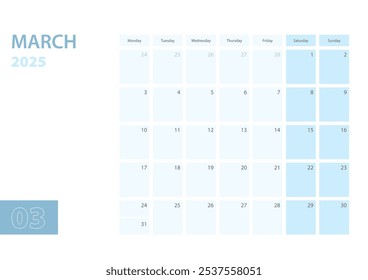 Plantilla del calendario para marzo de 2025, la semana comienza el lunes. El calendario está en un esquema de color azul. Ilustración vectorial.