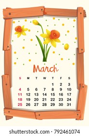 Calendar template for March with yellow flower illustration