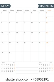Calendar Template for May 2016. Week Starts Monday. Planner Design Print Template. Vector Calendar. Stationery Design