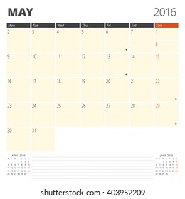 Calendar Template for May 2016. Week Starts Monday. Planner Design Print Template. Vector Calendar. Stationery Design