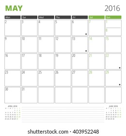 Calendar Template for May 2016. Week Starts Monday. Planner Design Print Template. Vector Calendar. Stationery Design