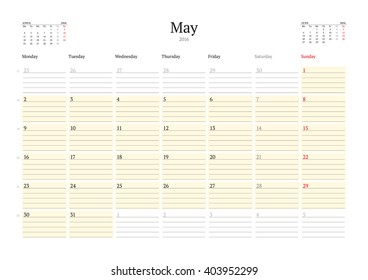 Calendar Template for May 2016. Week Starts Monday. Planner Design Print Template. Vector Calendar. Stationery Design