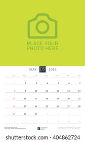 Calendar Template for May 2016. Week Starts Sunday. Wall Calendar Planner Design Print Template. Vector Calendar. Stationery Design