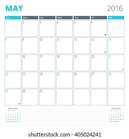Calendar Template for May 2016. Week Starts Sunday. Planner Design Print Template. Vector Calendar. Stationery Design