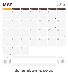 Calendar Template for May 2016. Week Starts Sunday. Planner Design Print Template. Vector Calendar. Stationery Design