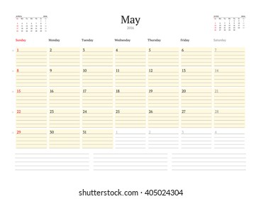 Calendar Template for May 2016. Week Starts Sunday. Planner Design Print Template. Vector Calendar. Stationery Design