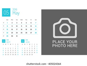 Calendar Template for May 2016. Week Starts Sunday. Calendar Design Print Template. Vector Desk Calendar