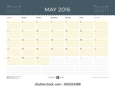 Calendar Template for May 2016. Week Starts Sunday. Planner Design Print Template. Vector Calendar. Stationery Design