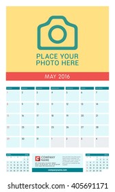 Calendar Template for May 2016. Week Starts Sunday. Wall Calendar Planner Design Print Template. Vector Calendar. Stationery Design