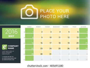 Calendar Template for May 2016. Week Starts Sunday. Planner Design Print Template. Vector Calendar. Stationery Design