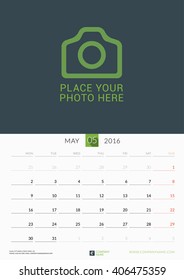 Calendar Template for May 2016. Week Starts Monday. Wall Calendar Planner Design Print Template. Vector Calendar. Stationery Design