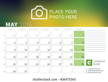 Calendar Template for May 2016. Week Starts Monday. Planner Design Print Template. Vector Calendar. Stationery Design