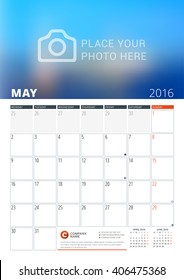 Calendar Template for May 2016. Week Starts Monday. Wall Calendar Planner Design Print Template. Vector Calendar. Stationery Design