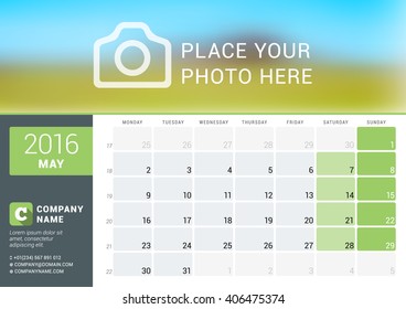Calendar Template for May 2016. Week Starts Monday. Planner Design Print Template. Vector Calendar. Stationery Design