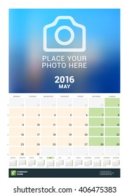 Calendar Template for May 2016. Week Starts Monday. Wall Calendar Planner Design Print Template. Vector Calendar. Stationery Design