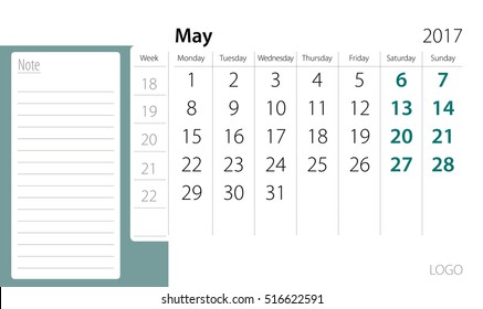 Calendar template of May 2017