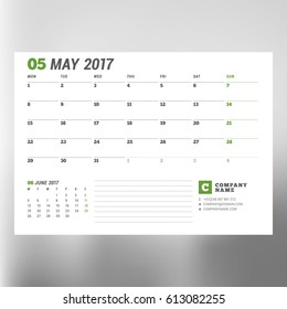Calendar Template for May 2017. Week Starts Monday. Design Print Template. Vector Illustration Isolated